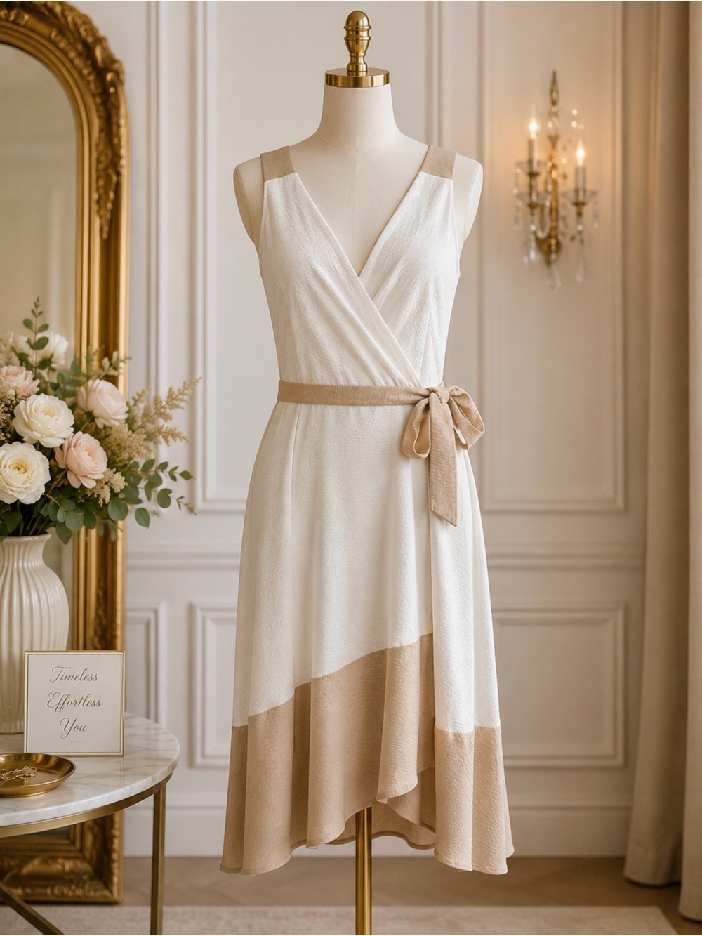 Harper Two-Tone Wrap Midi Dress in Cream and Beige
